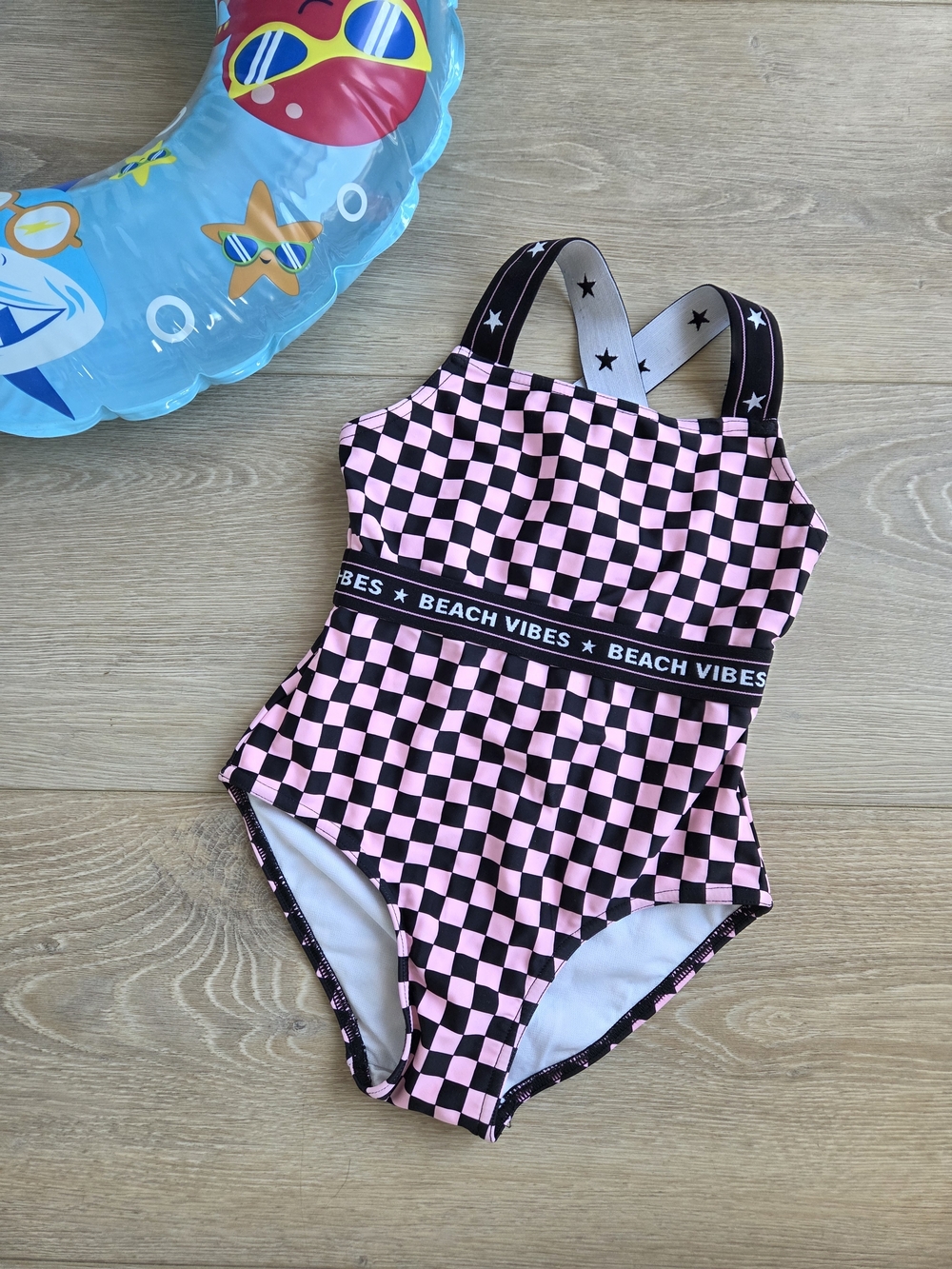 Kids Pink & Black Check One-Piece Swimsuit - Beach Vibes